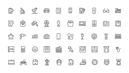 Obraz na płótnie Canvas Household appliances vector icon set such as toaster, blender, hairdryer, electric range, video and photo camera. Editable line icon collection
