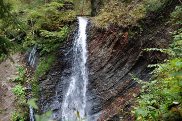 Zhenetskyi Huk waterfall in Carpathians, Gorgany mountains, western Ukraine