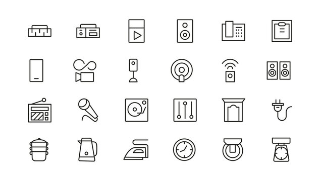 Household appliances vector icon set such as toaster, blender, hairdryer, electric range, video and photo camera. Editable line icon collection