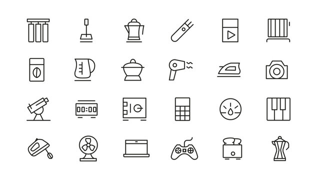 Household appliances vector icon set such as toaster, blender, hairdryer, electric range, video and photo camera. Editable line icon collection