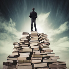 A suited man standing on top of stacked plenty books, business abstract.