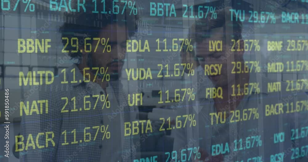 Poster Animation of stock market data processing against two diverse men discussing at hospital