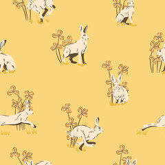 Powtarzalny leśny wzór. Zające i koniczyna. Dzikie króliki na żółtym tle. Ilustracja wektorowa. - obrazy, fototapety, plakaty