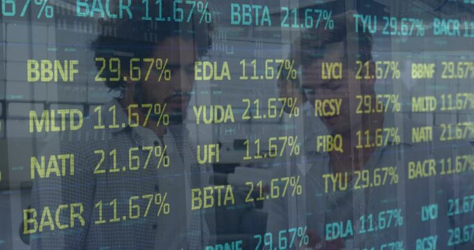 Animation of stock market data processing against two diverse men discussing at hospital