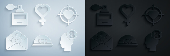 Set Elegant women hat, Heart in the center of target aim, Envelope with 8 March, human head, Female gender symbol and Perfume icon. Vector
