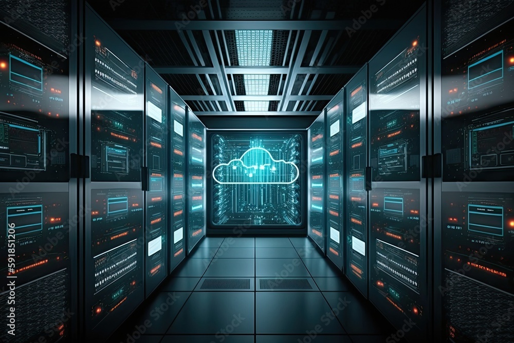 Poster server room with a cloud computing system in the center. generative ai