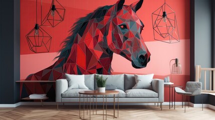 Red Interior Red Living Room With Full Wall Geometric White And Black Horse Digital Art. Generative AI