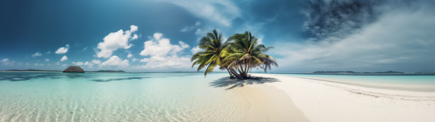 Plakat Tropical beach paradise with a coconut palm tree ina white sand with blue sky. Generative AI