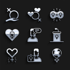 Set Female opinion, Feminist activist, Feminism the world, Debate podium rostrum, Heart with female, Gender equality and gender icon. Vector