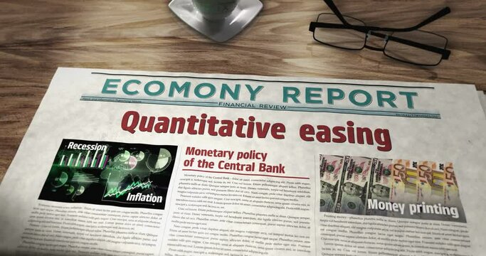 Quantitative easing inflation crisis and monetary policy daily newspaper on table. Headlines news abstract concept 3d.