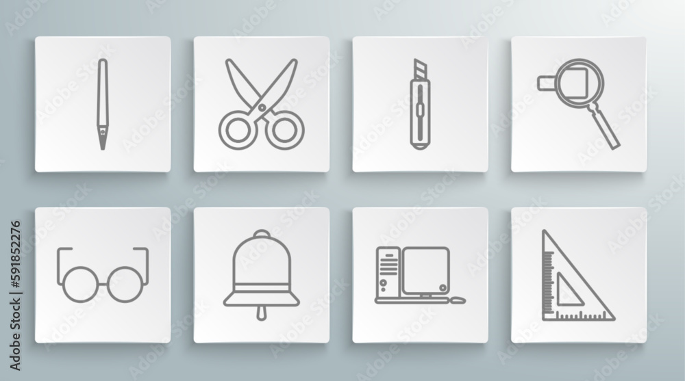 Poster set line glasses, scissors, ringing bell, computer monitor with keyboard and mouse, triangular ruler