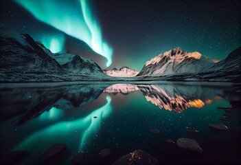 Explore the Enthralling Aurora Borealis with crystal clear lake with beautiful reflection - Generative AI
