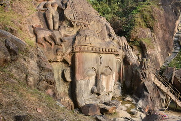 ancient stone carving in Tripura, India.