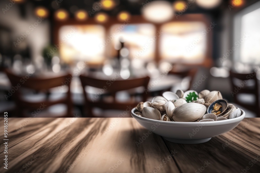 Poster splash screen or banner with a blurred backdrop of a platter of cooked vongole clams on a table in a