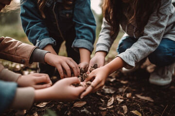 young teenagers or children play with soil outdoors. Generative AI