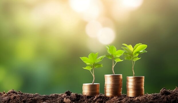 Financial Investment Concept with Stacked Coins on Blurred Tree Background