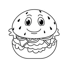 Funny burger cartoon characters vector illustration. For kids coloring book.