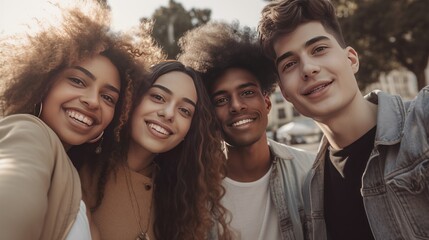 Obraz premium Multicultural Friends Having Fun Taking Selfie with Mobile Phone Outdoors. Generative AI.