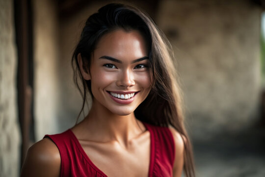 young adult woman multi-ethnic tanned asian looking woman wears a shirt, indoor, with a smile, fictional place. Generative AI