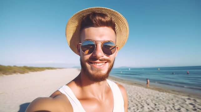 Young man capturing his beach vacation with a selfie. Generative AI.