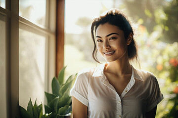 young adult woman multi-ethnic tanned asian looking woman at home indoor with garden view on a sunny day, with a smile. Generative AI