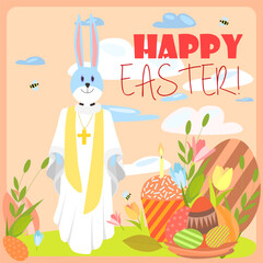 Vector illustration with an Easter bunny on a colored background with clouds and bees, with Easter eggs and a festive bun