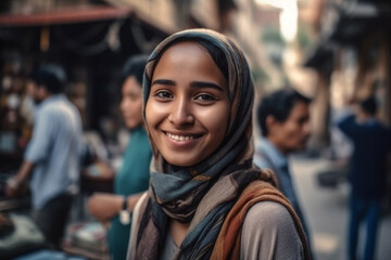 Fototapeta premium young adult woman wearing headscarf in local side street with other local people and tourists. Generative AI