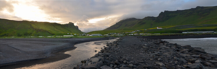 Panoramic view of river and green mountains