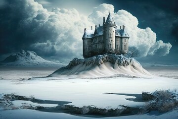 majestic castle perched on a snow-covered hilltop. Generative AI