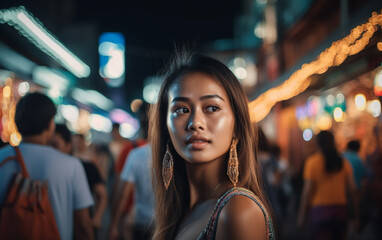 young asian adult woman with a smile in summery weather in a side street with many other people, vacation or stroll through town, fictitious place. Generative AI