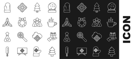 Set line Christmas tree, Gift box in hand, Coffee cup, wreath, Branch viburnum or guelder rose, mitten and Santa Claus bag gift icon. Vector