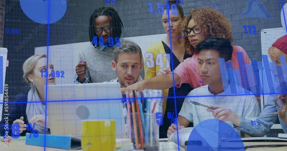 Poster animation of statistical data processing over diverse colleagues discussing together over a laptop