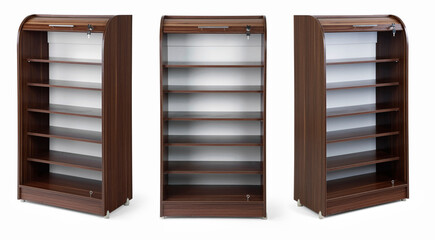 Shelving unit with books and decor different angle isolated on white background 