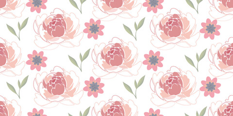 Seamless botanical floral pattern peonies and meadow flowers. The concept of printing on fabric and paper. Perfect for bed linen and textiles.