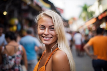 Fototapeta premium young adult woman with a smile in summery weather in a side street with many other people, vacation or stroll through town, fictitious place. Generative AI