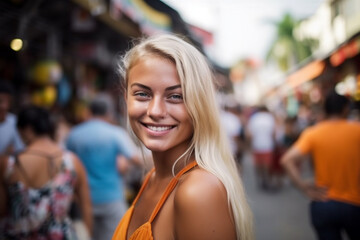 young adult woman with a smile in summery weather in a side street with many other people, vacation or stroll through town, fictitious place. Generative AI