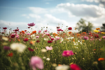 Field full of colorful flowers under a cloudy sky.