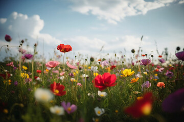 Fototapeta na wymiar Sunny Field Meadow in Spring with lots of beautiful flowers