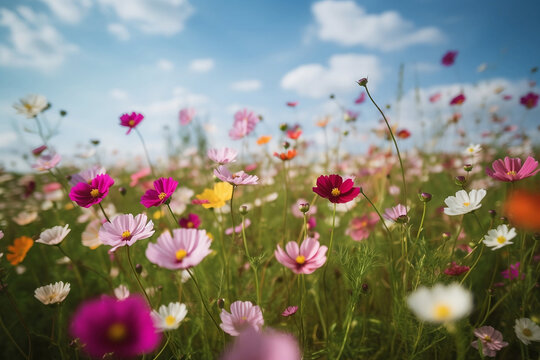 Pretty flowers in a field in spring. Beautiful background
