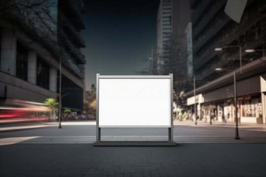 Cartel blanco vacio entre edificios de una ciudad moderna.Ilustraci&oacute;n de IA Generativa 