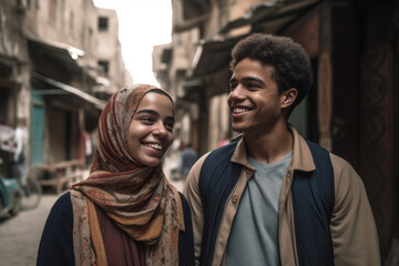 Fototapeta premium young adult woman and man in autumn clothes walking down a narrow side street in a fictional small town, smiling and having fun and joy. Generative AI