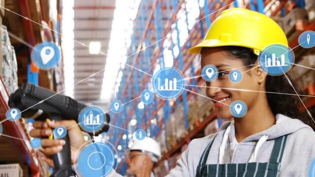 Animation of digital icons over african american female worker using scanning device at warehouse