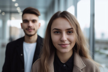 young woman and young adult man smiling, front view close-up. Generative AI
