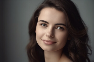 Obraz premium beautiful young adult woman or teenager, brunette close-up portrait, smile and joy. Generative AI