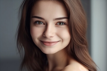 beautiful young adult woman or teenager, brunette close-up portrait, smile and joy. Generative AI