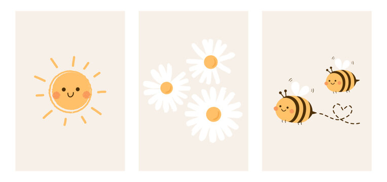 Sun, daisy flower and bee cartoons with heart dot line on ivory color backgrounds vector illustration. Cute childish print.