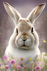 Fototapeta na wymiar Beautiful rabbit with floral decor. Colorful wildlife portrait Poster for spring holidays, generative AI. 