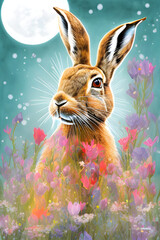Beautiful rabbit with floral decor. Colorful wildlife portrait Poster for spring holidays, generative AI.	