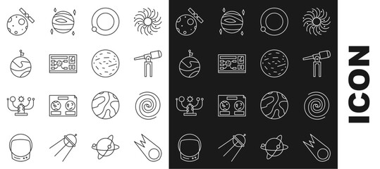 Set line Comet falling down fast, Black hole, Telescope, Satellites orbiting the planet Earth, Futuristic hud interface, Moon with flag, and Planet Mars icon. Vector