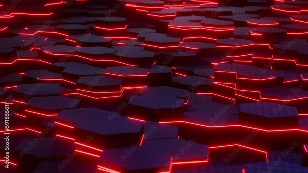 Poster digital platforms in hexagon pattern design with glowing electric red lights